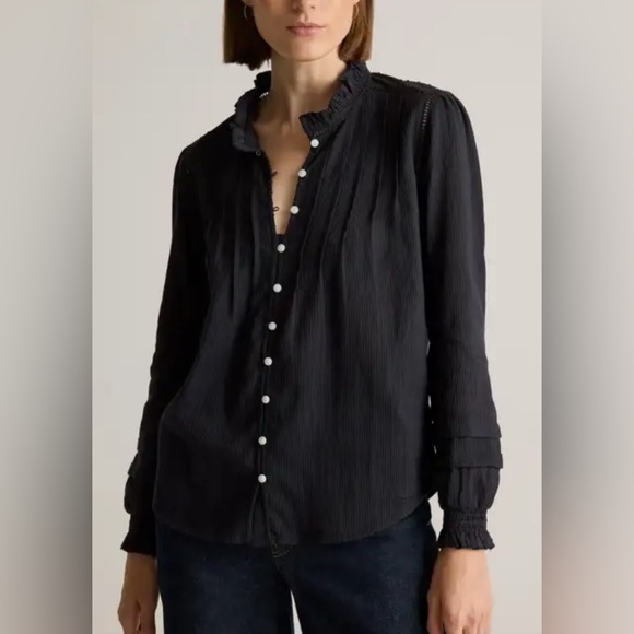 Quince Organic Cotton Textured Peasant Blouse Black – Size Medium - Picture 1 of 7